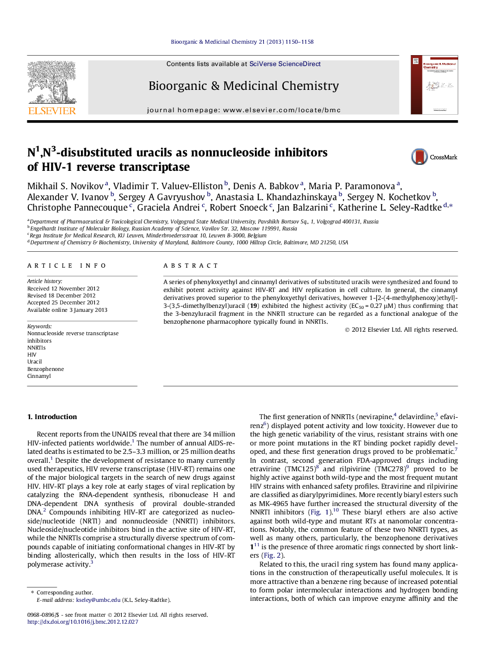 N1,N3-disubstituted uracils as nonnucleoside inhibitors of HIV-1 reverse transcriptase