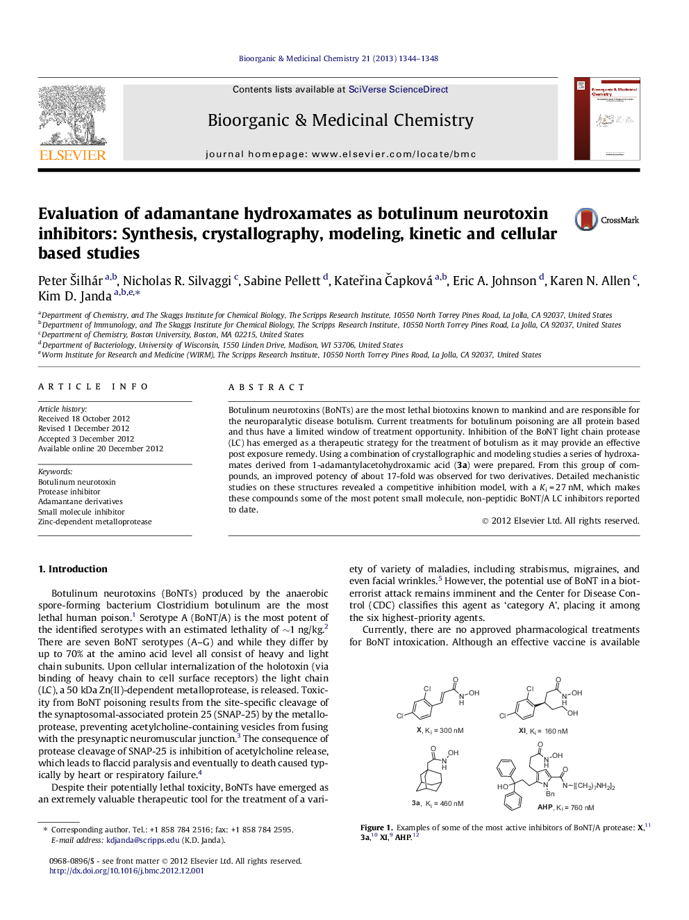 Evaluation of adamantane hydroxamates as botulinum neurotoxin inhibitors: Synthesis, crystallography, modeling, kinetic and cellular based studies