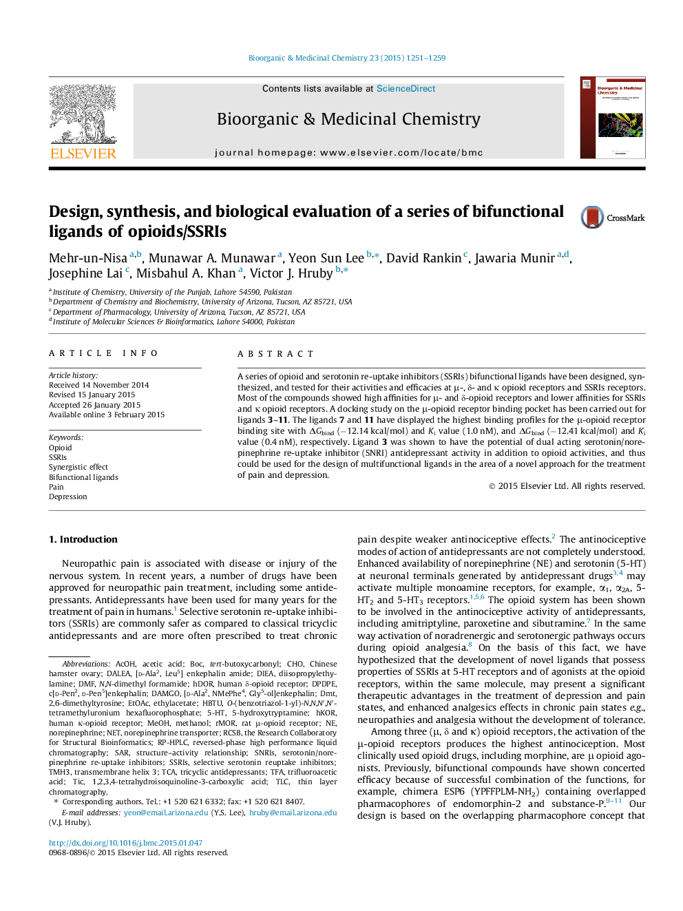 Design, synthesis, and biological evaluation of a series of bifunctional ligands of opioids/SSRIs