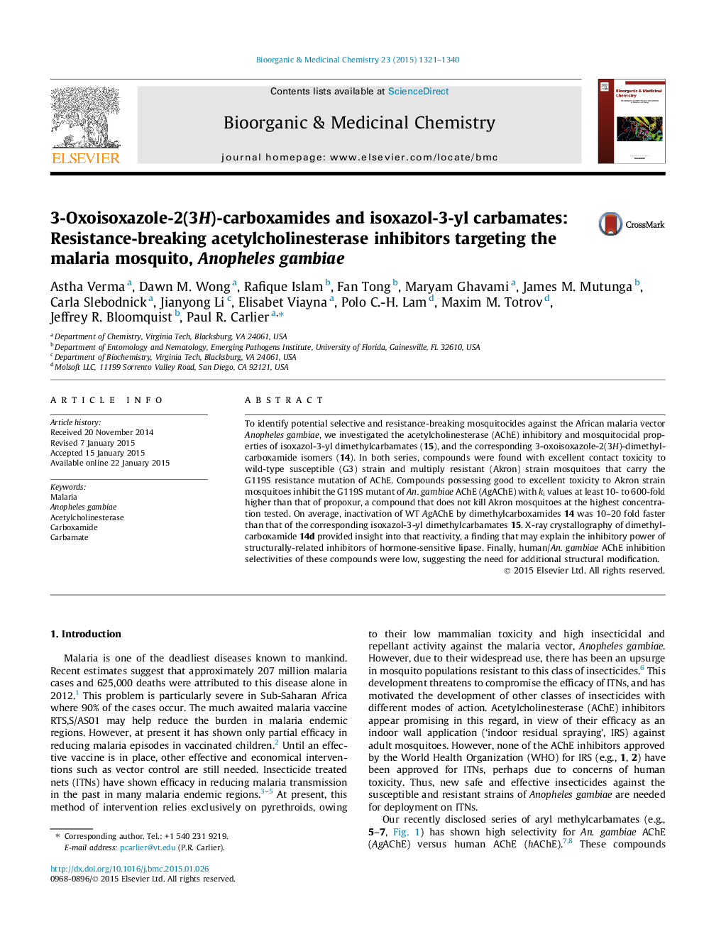 3-Oxoisoxazole-2(3H)-carboxamides and isoxazol-3-yl carbamates: Resistance-breaking acetylcholinesterase inhibitors targeting the malaria mosquito, Anopheles gambiae