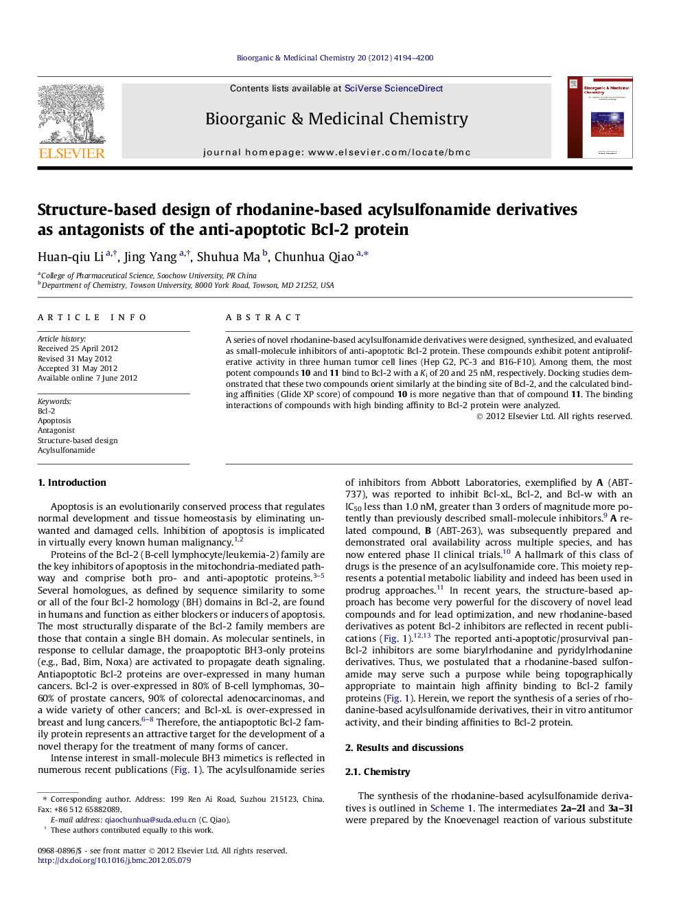 Structure-based design of rhodanine-based acylsulfonamide derivatives as antagonists of the anti-apoptotic Bcl-2 protein