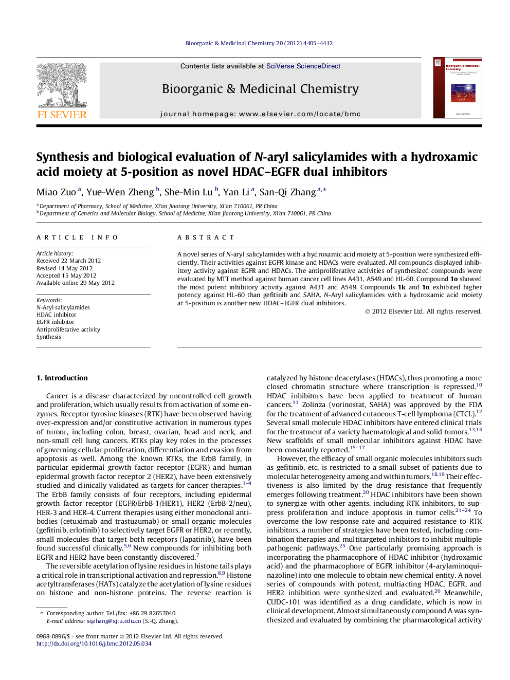 Synthesis and biological evaluation of N-aryl salicylamides with a hydroxamic acid moiety at 5-position as novel HDAC–EGFR dual inhibitors