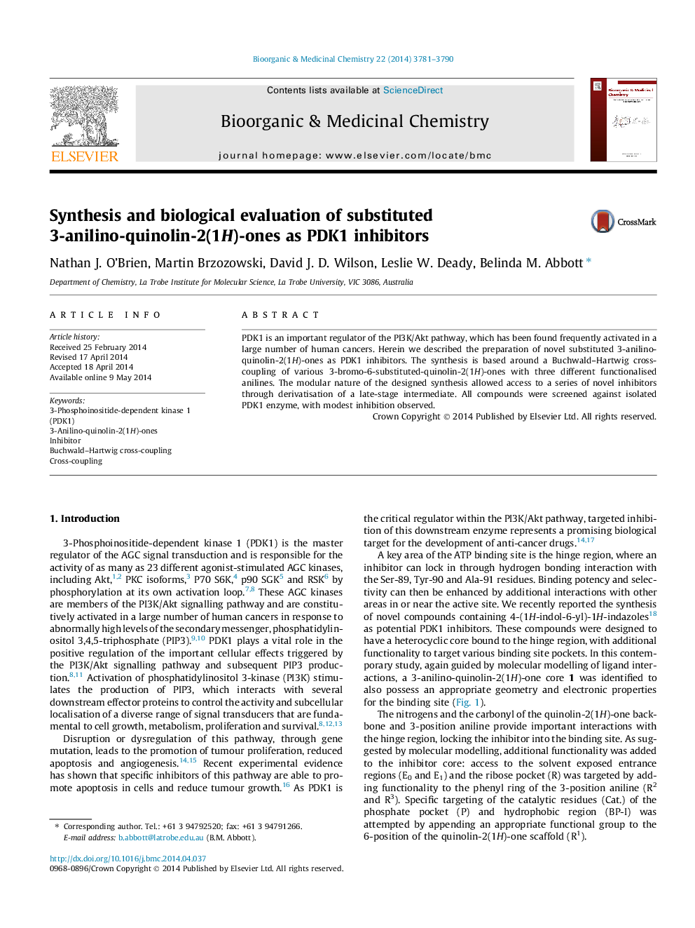 Synthesis and biological evaluation of substituted 3-anilino-quinolin-2(1H)-ones as PDK1 inhibitors