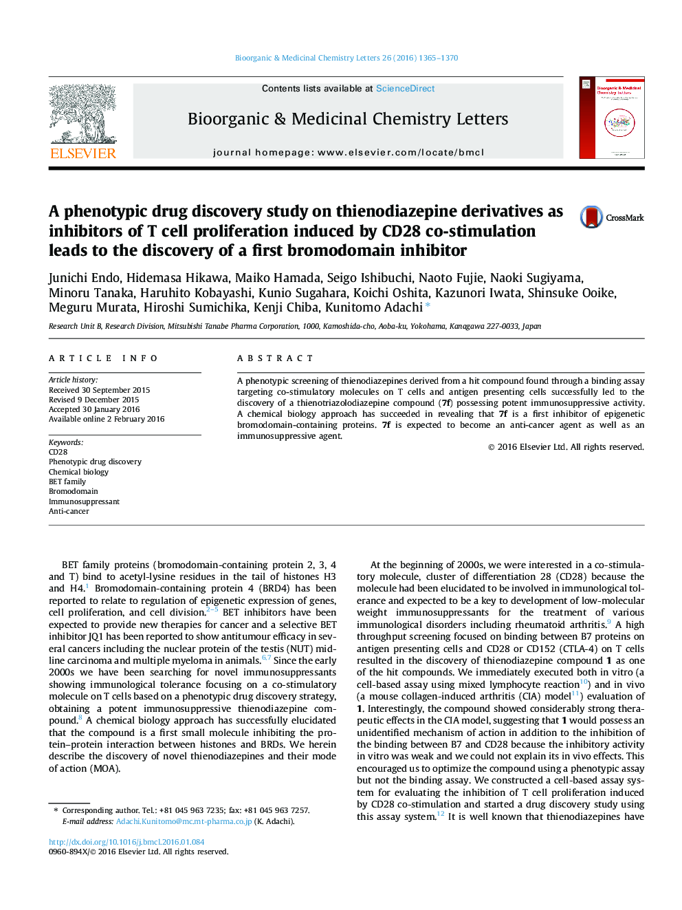 A phenotypic drug discovery study on thienodiazepine derivatives as inhibitors of T cell proliferation induced by CD28 co-stimulation leads to the discovery of a first bromodomain inhibitor