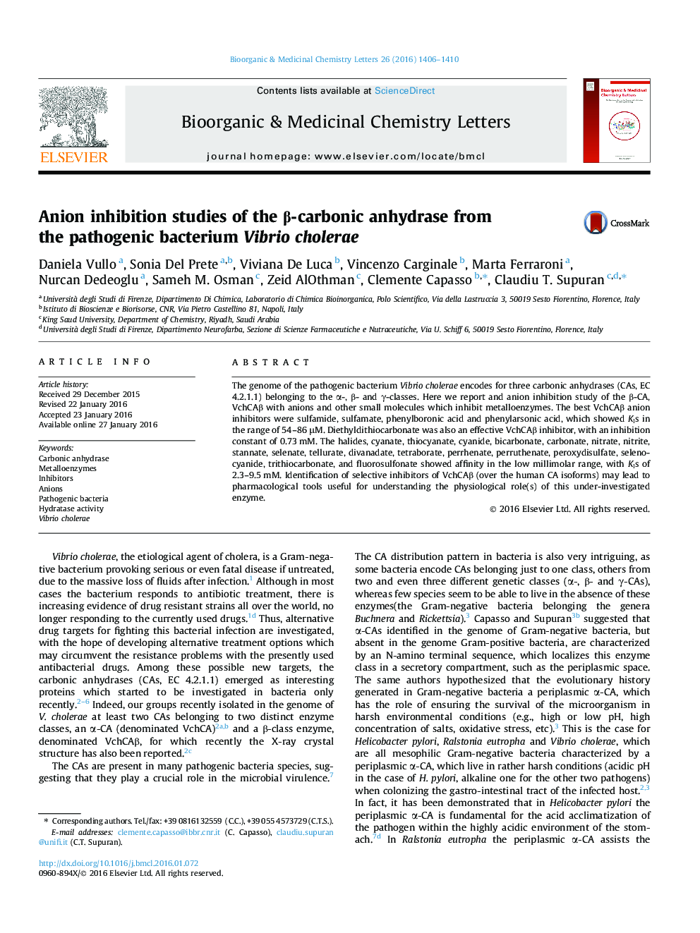 Anion inhibition studies of the β-carbonic anhydrase from the pathogenic bacterium Vibrio cholerae