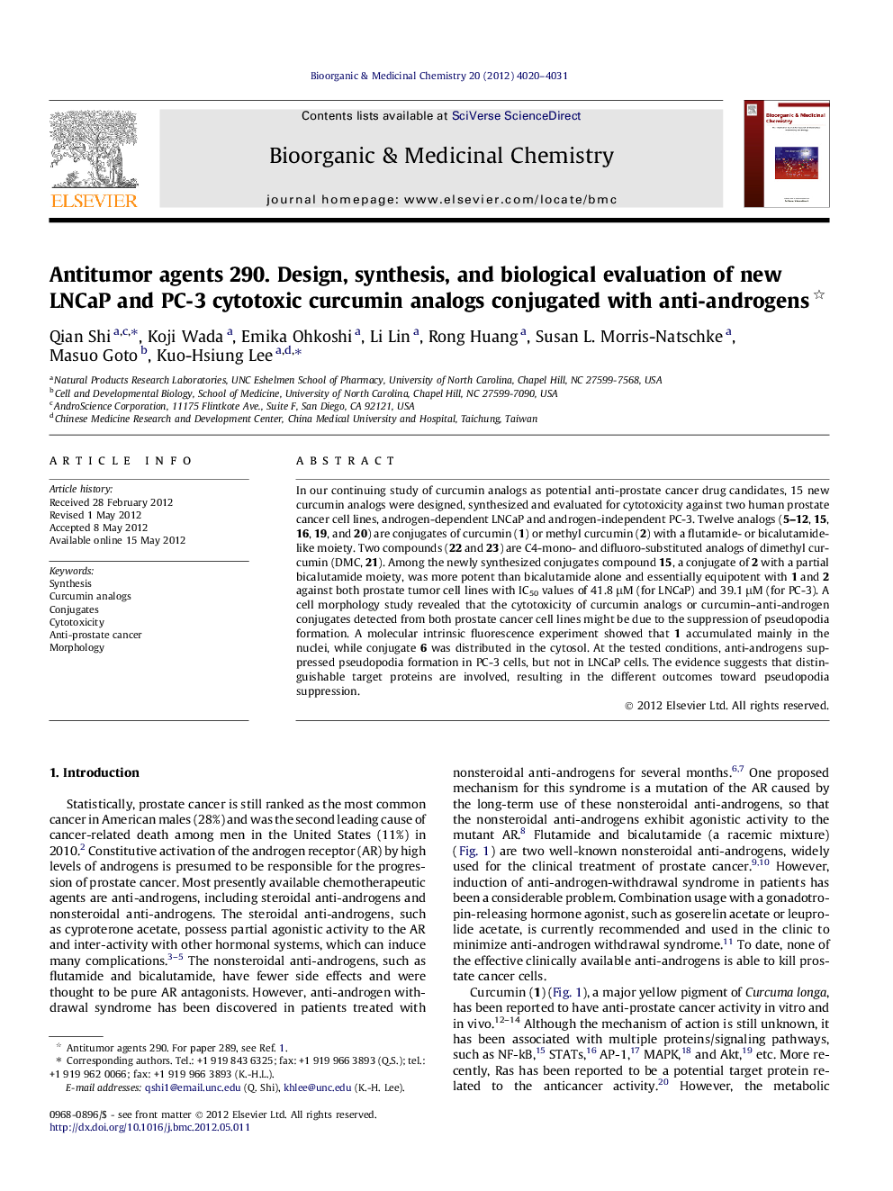 Antitumor agents 290. Design, synthesis, and biological evaluation of new LNCaP and PC-3 cytotoxic curcumin analogs conjugated with anti-androgens 