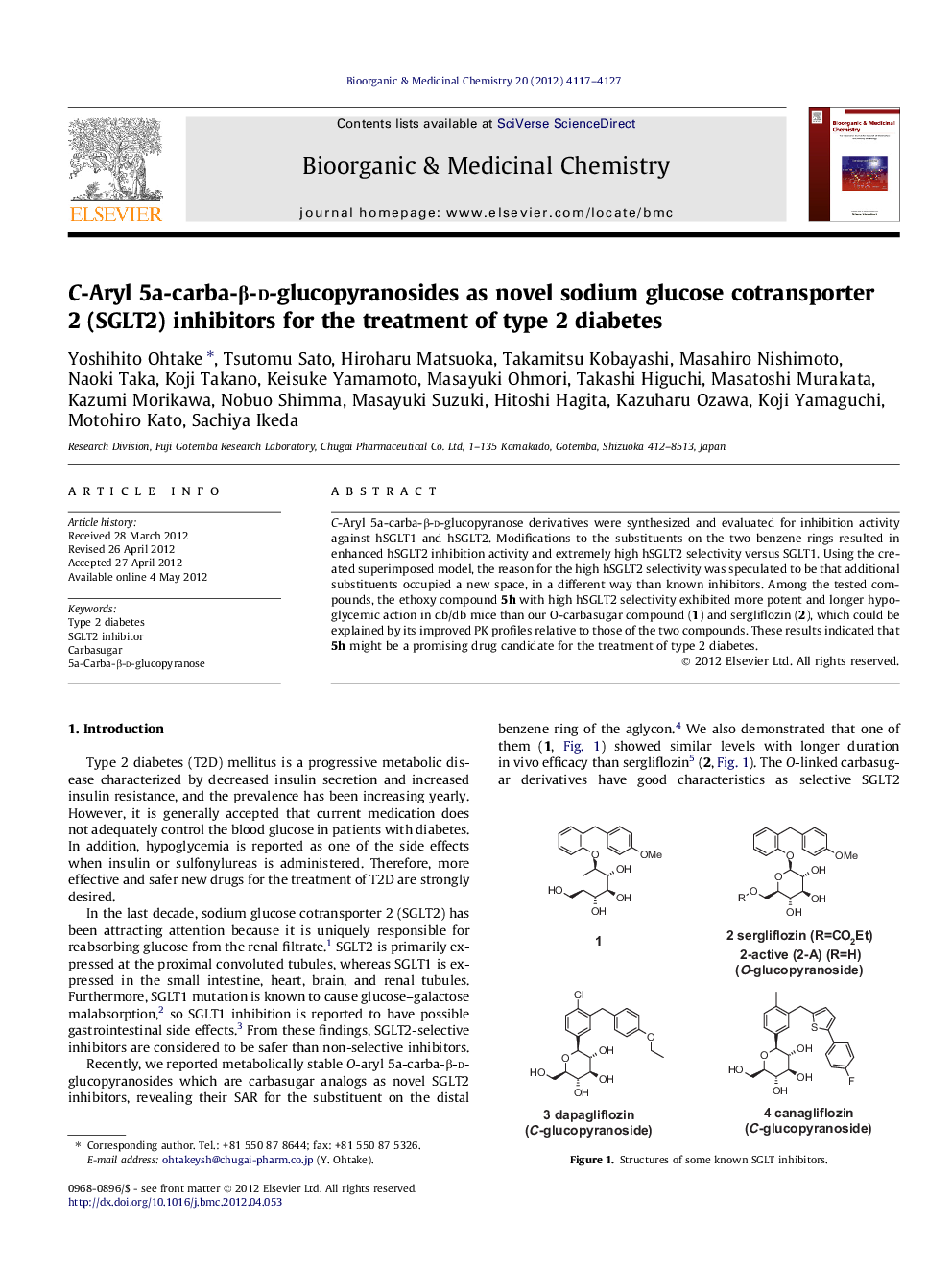 C-Aryl 5a-carba-β-d-glucopyranosides as novel sodium glucose cotransporter 2 (SGLT2) inhibitors for the treatment of type 2 diabetes