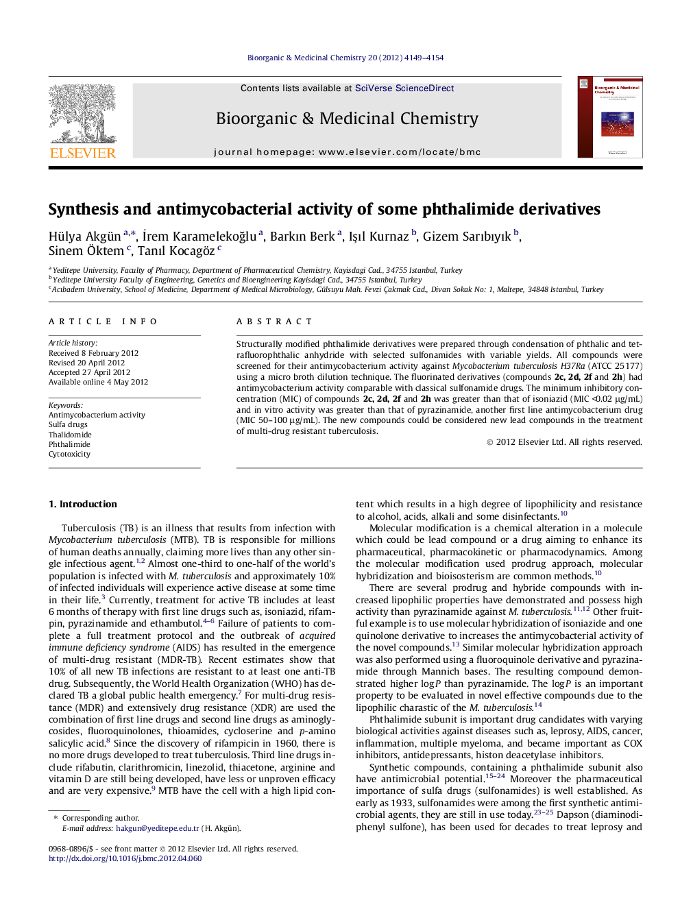 Synthesis and antimycobacterial activity of some phthalimide derivatives