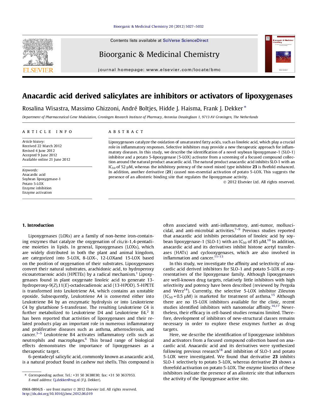 عکس صفحه اول مقاله: Anacardic acid derived salicylates are inhibitors or activators of lipoxygenases Anacardic acid derived salicylates are inhibitors or activators of lipoxygenases