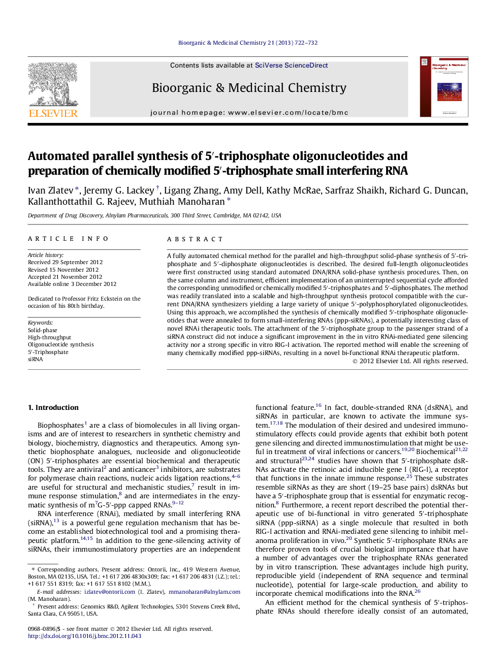 Automated parallel synthesis of 5′-triphosphate oligonucleotides and preparation of chemically modified 5′-triphosphate small interfering RNA