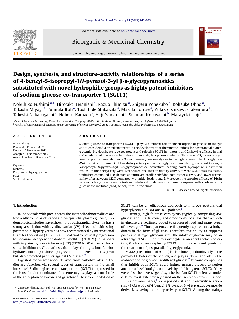 Design, synthesis, and structure–activity relationships of a series of 4-benzyl-5-isopropyl-1H-pyrazol-3-yl β-d-glycopyranosides substituted with novel hydrophilic groups as highly potent inhibitors of sodium glucose co-transporter 1 (SGLT1)