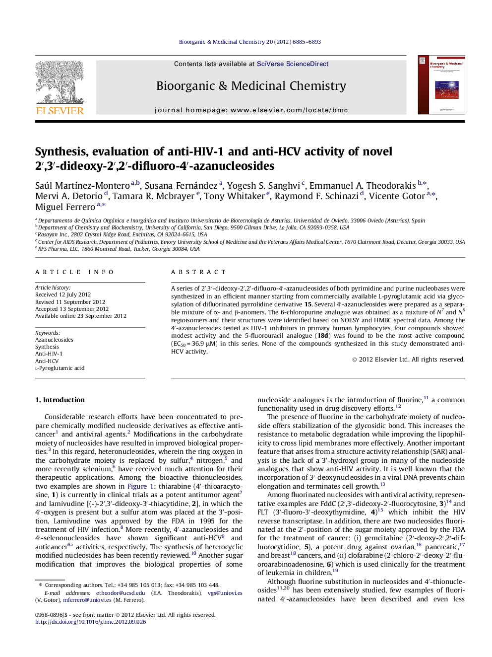 Synthesis, evaluation of anti-HIV-1 and anti-HCV activity of novel 2′,3′-dideoxy-2′,2′-difluoro-4′-azanucleosides