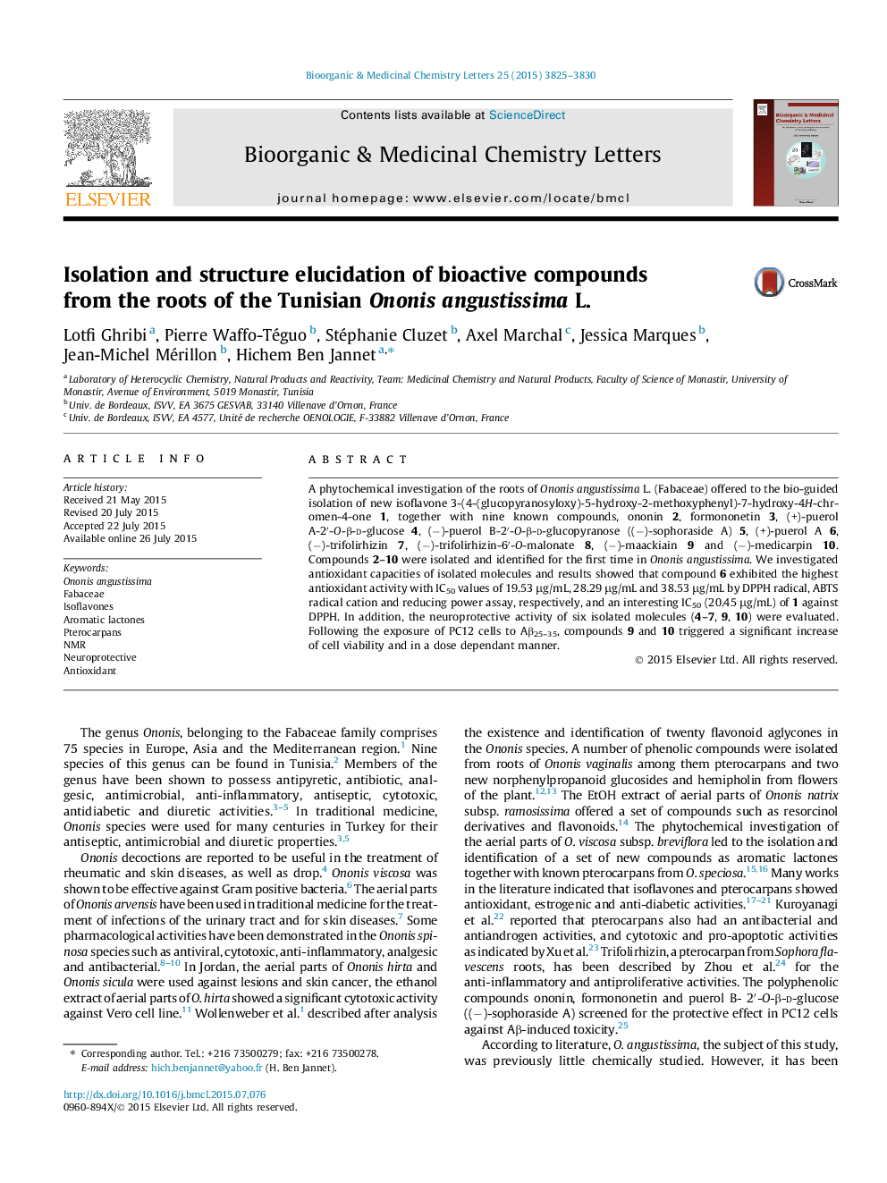 Isolation and structure elucidation of bioactive compounds from the roots of the Tunisian Ononis angustissima L.