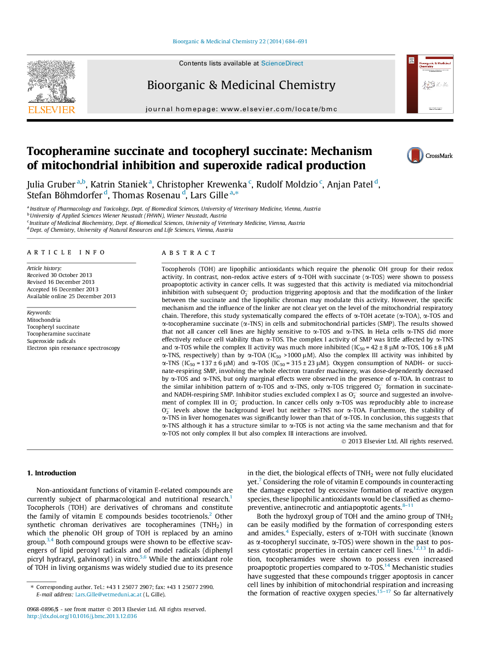 Tocopheramine succinate and tocopheryl succinate: Mechanism of mitochondrial inhibition and superoxide radical production