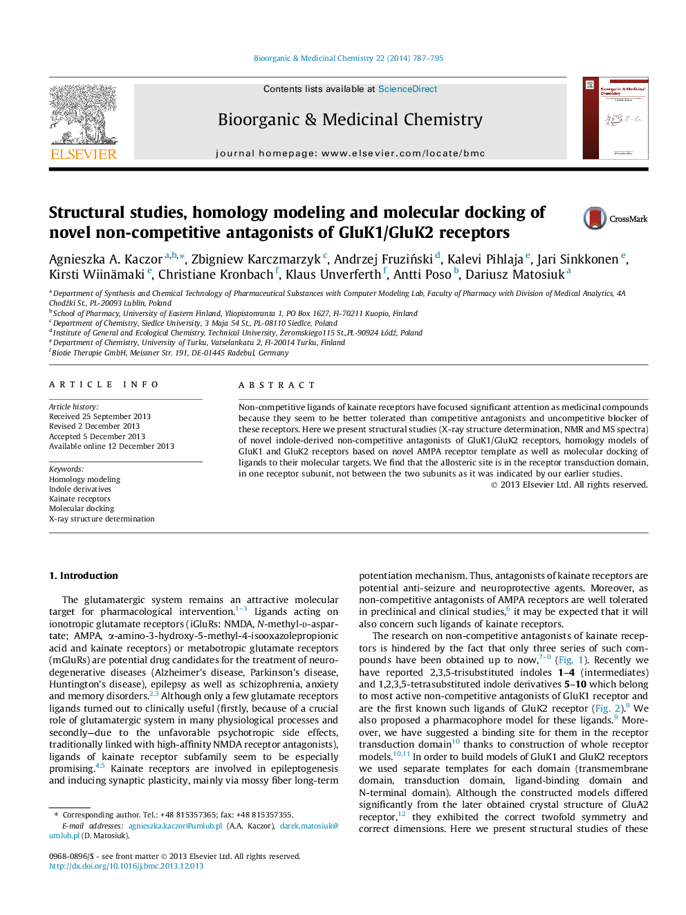 Structural studies, homology modeling and molecular docking of novel non-competitive antagonists of GluK1/GluK2 receptors