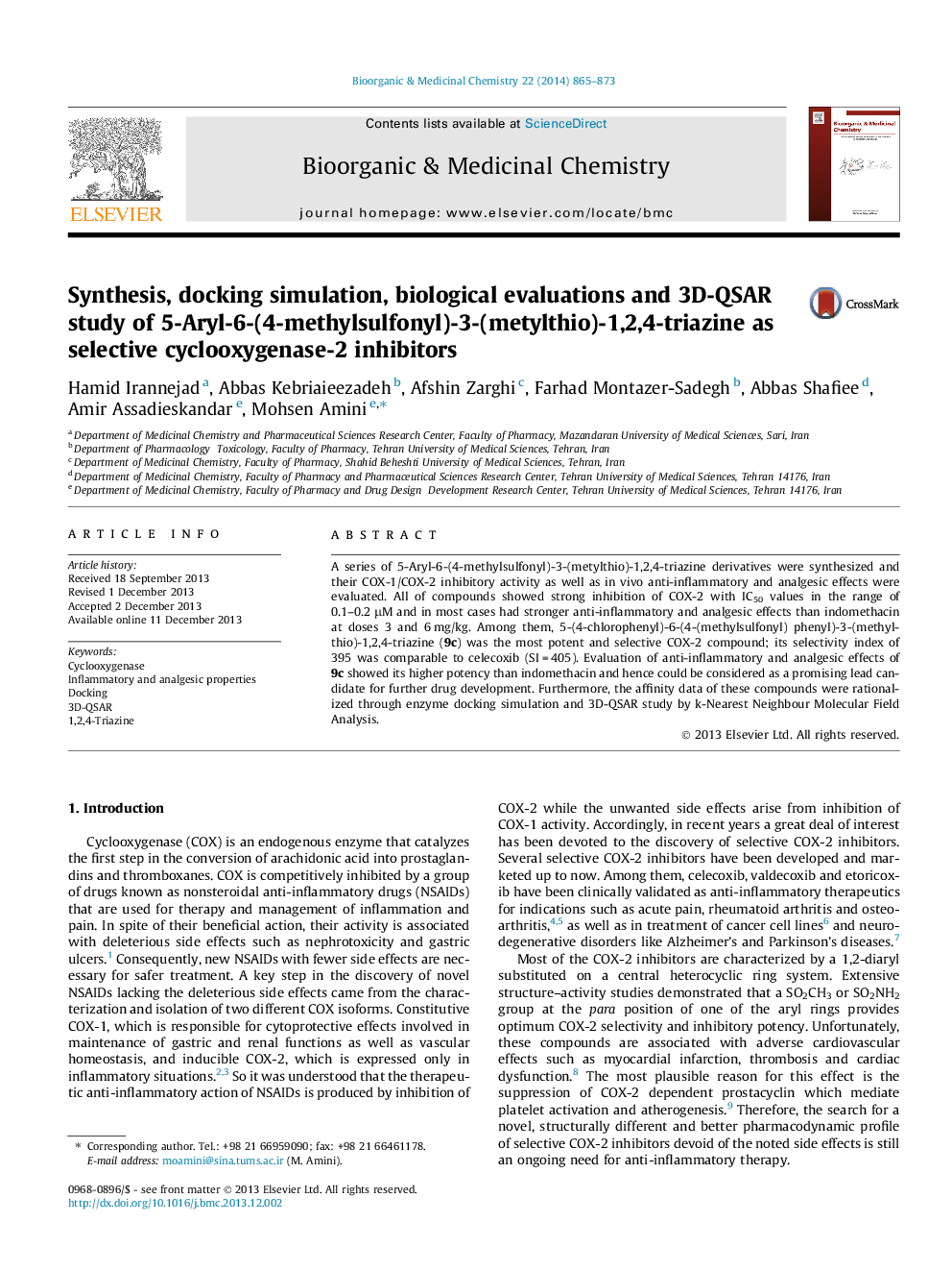 Synthesis, docking simulation, biological evaluations and 3D-QSAR study of 5-Aryl-6-(4-methylsulfonyl)-3-(metylthio)-1,2,4-triazine as selective cyclooxygenase-2 inhibitors