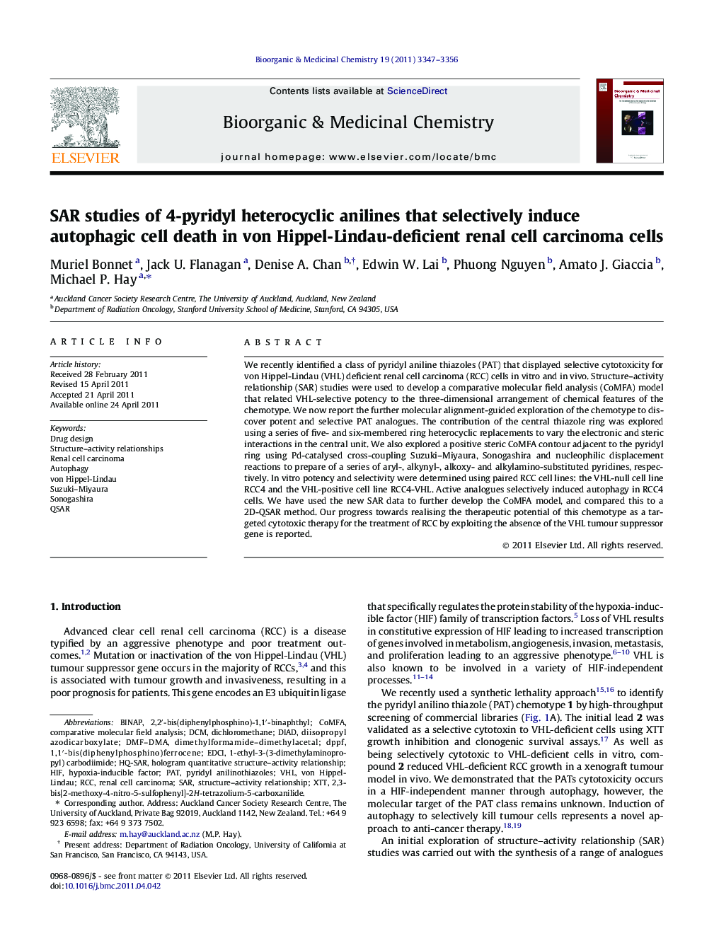 SAR studies of 4-pyridyl heterocyclic anilines that selectively induce autophagic cell death in von Hippel-Lindau-deficient renal cell carcinoma cells