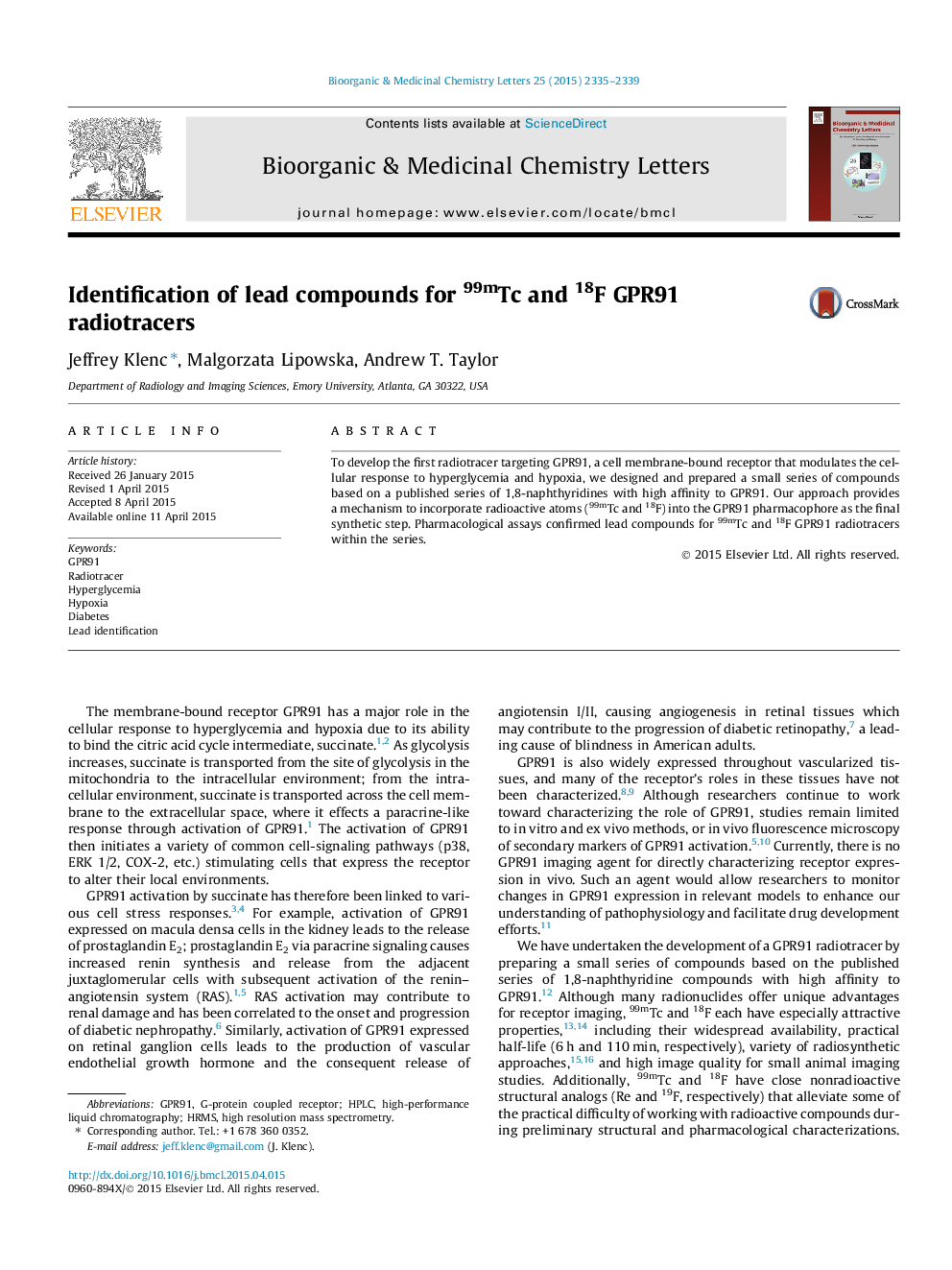 Identification of lead compounds for 99mTc and 18F GPR91 radiotracers