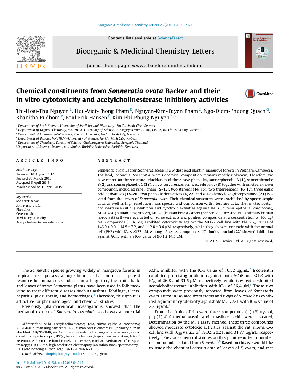 Chemical constituents from Sonneratia ovata Backer and their in vitro cytotoxicity and acetylcholinesterase inhibitory activities