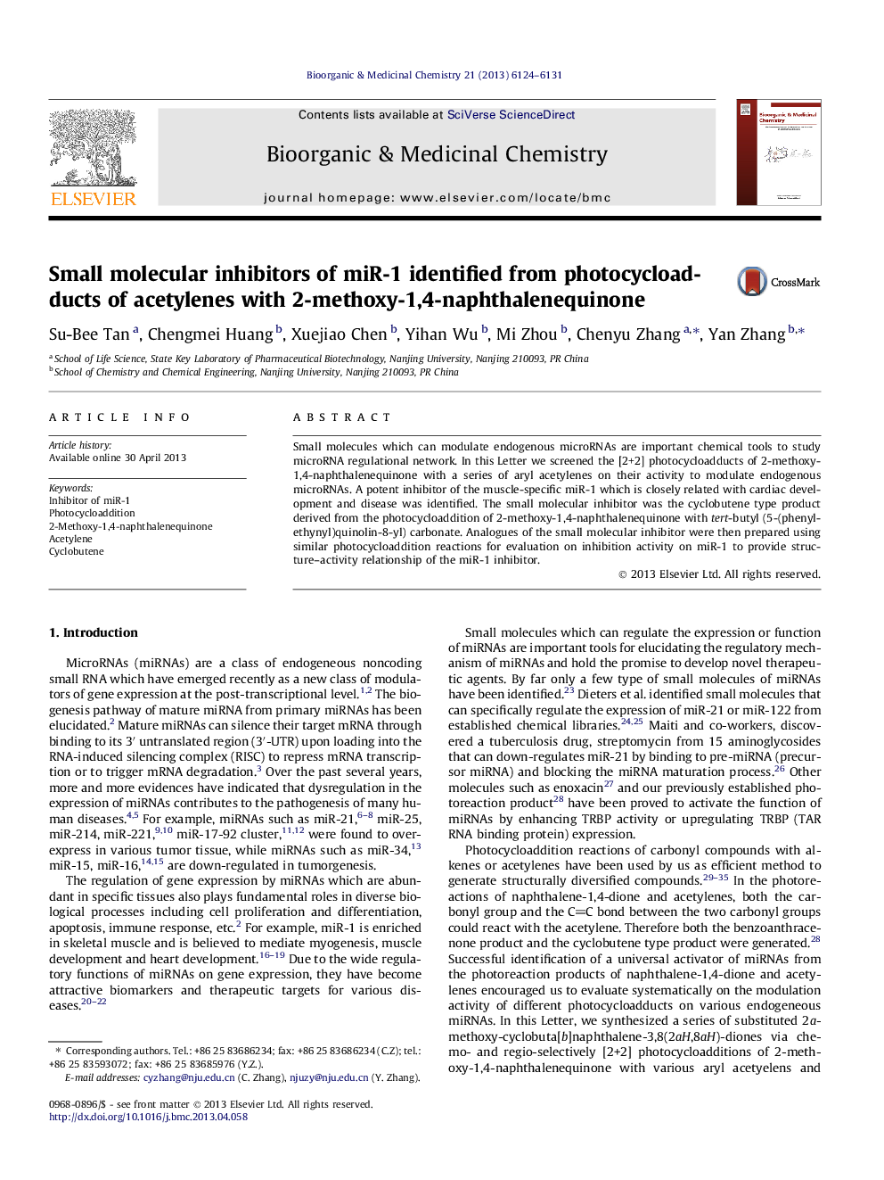 Small molecular inhibitors of miR-1 identified from photocycloadducts of acetylenes with 2-methoxy-1,4-naphthalenequinone