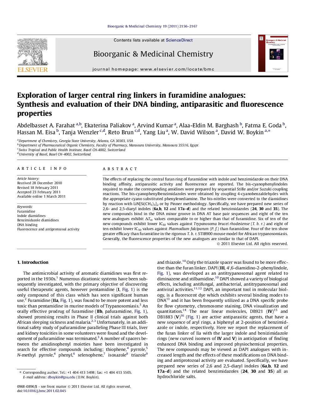 Exploration of larger central ring linkers in furamidine analogues: Synthesis and evaluation of their DNA binding, antiparasitic and fluorescence properties