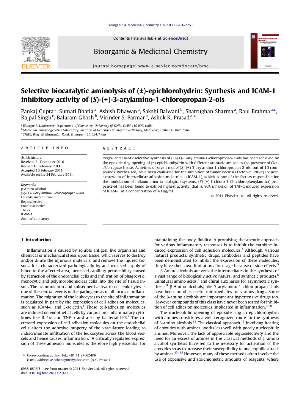 عکس صفحه اول مقاله: Selective biocatalytic aminolysis of (±)-epichlorohydrin: Synthesis and ICAM-1 inhibitory activity of (S)-(+)-3-arylamino-1-chloropropan-2-ols Selective biocatalytic aminolysis of (±)-epichlorohydrin: Synthesis and ICAM-1 inhibitory activity of (S)-(+)-3-arylamino-1-chloropropan-2-ols
