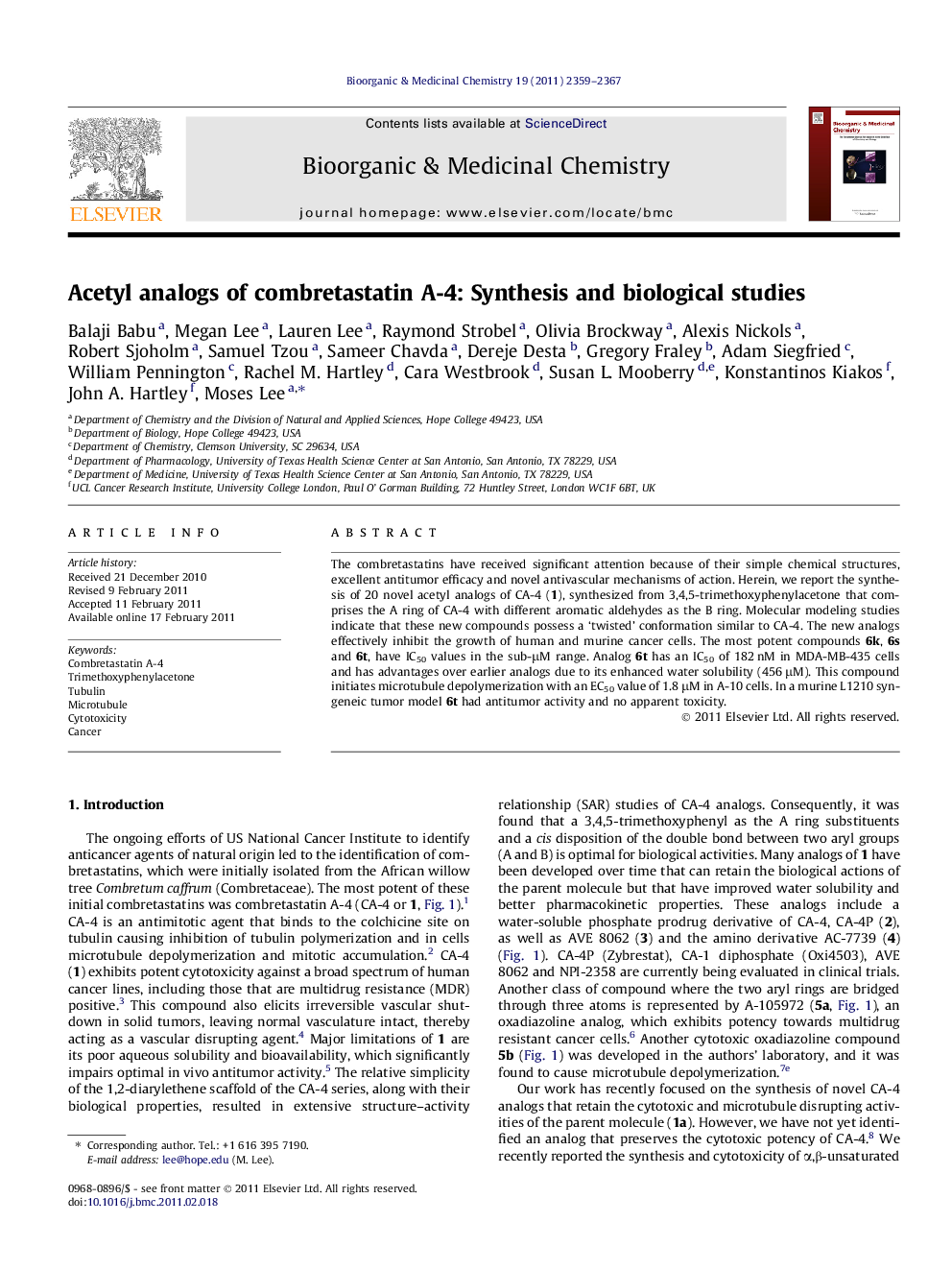 Acetyl analogs of combretastatin A-4: Synthesis and biological studies