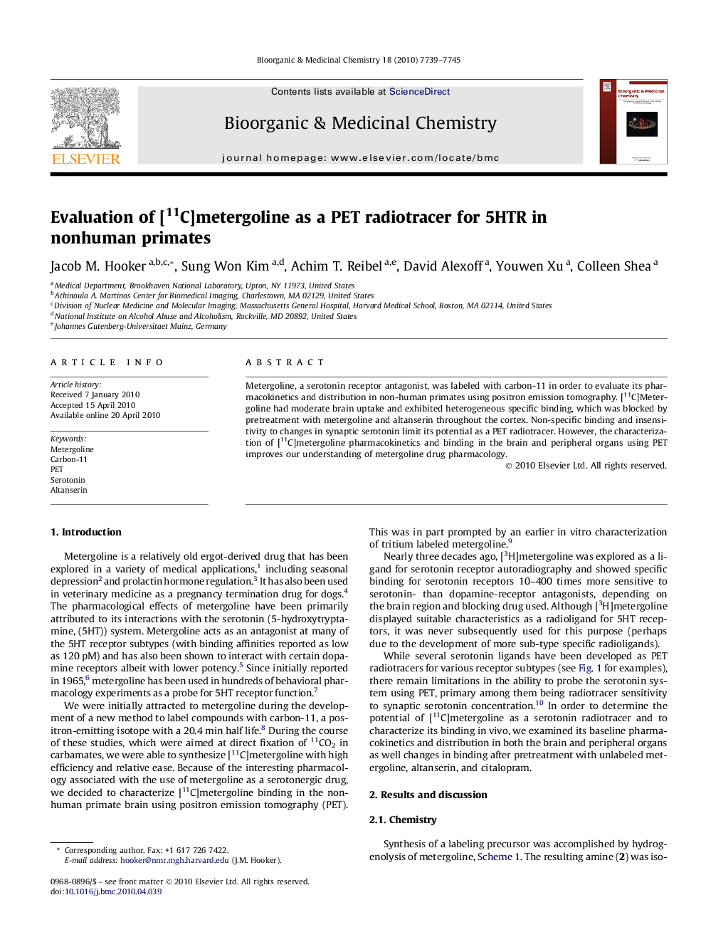 Evaluation of [11C]metergoline as a PET radiotracer for 5HTR in nonhuman primates