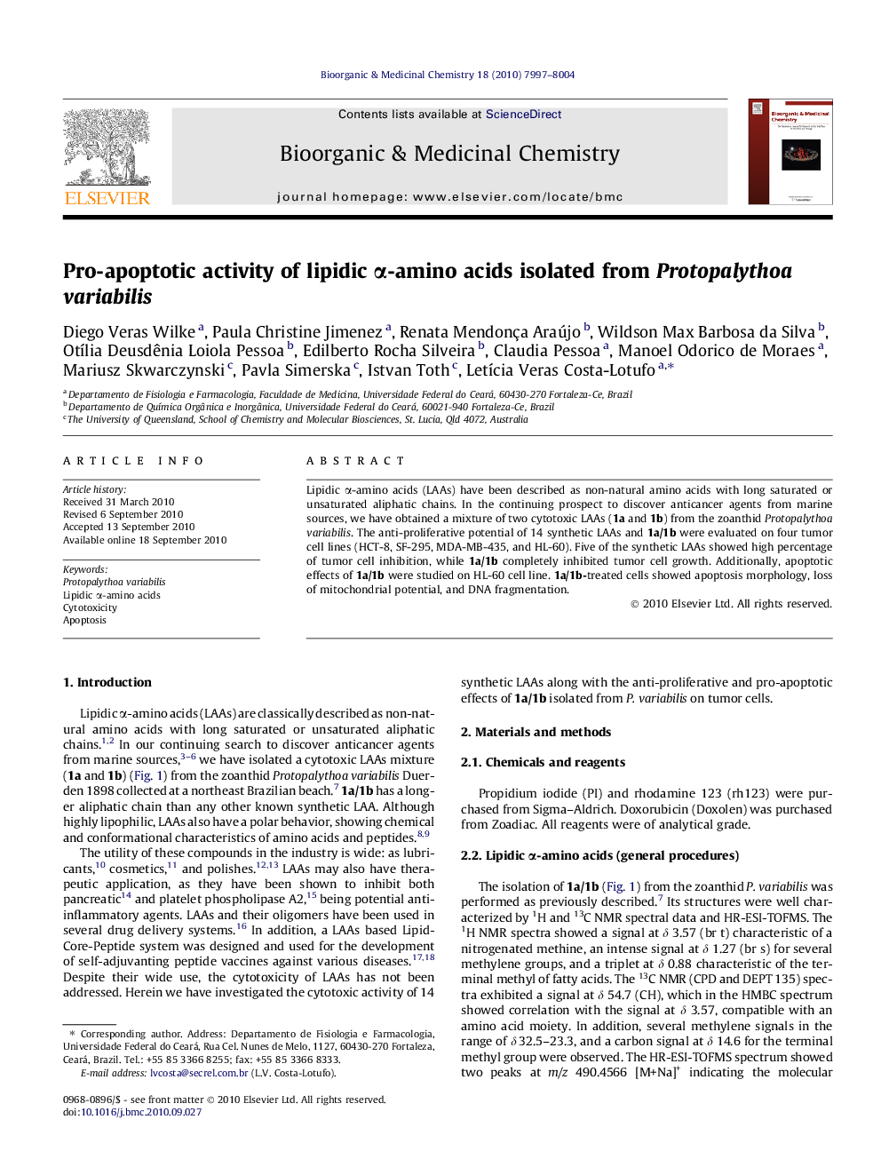 عکس صفحه اول مقاله: Pro-apoptotic activity of lipidic α-amino acids isolated from Protopalythoa variabilis Pro-apoptotic activity of lipidic α-amino acids isolated from Protopalythoa variabilis