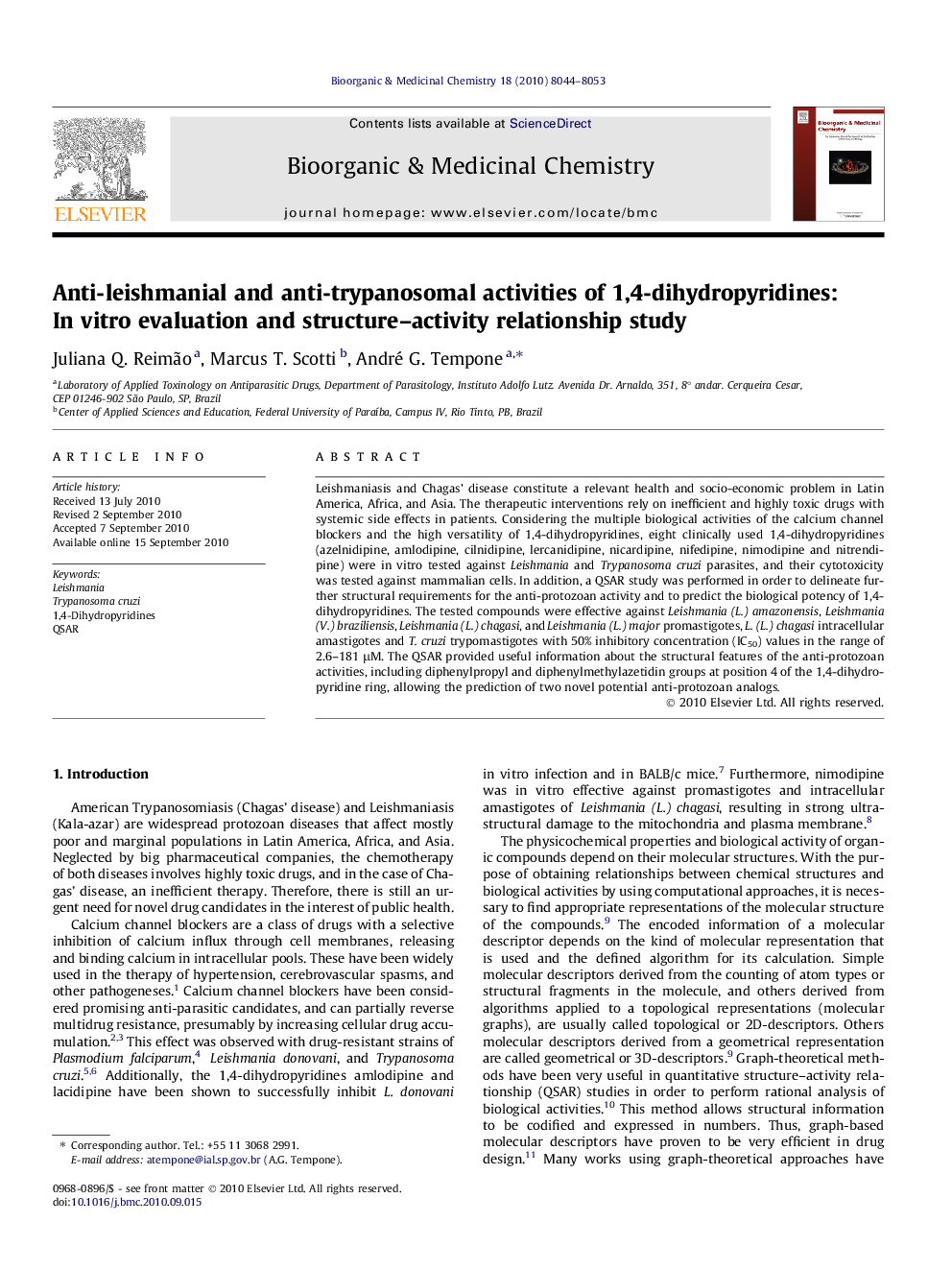 Anti-leishmanial and anti-trypanosomal activities of 1,4-dihydropyridines: In vitro evaluation and structure–activity relationship study