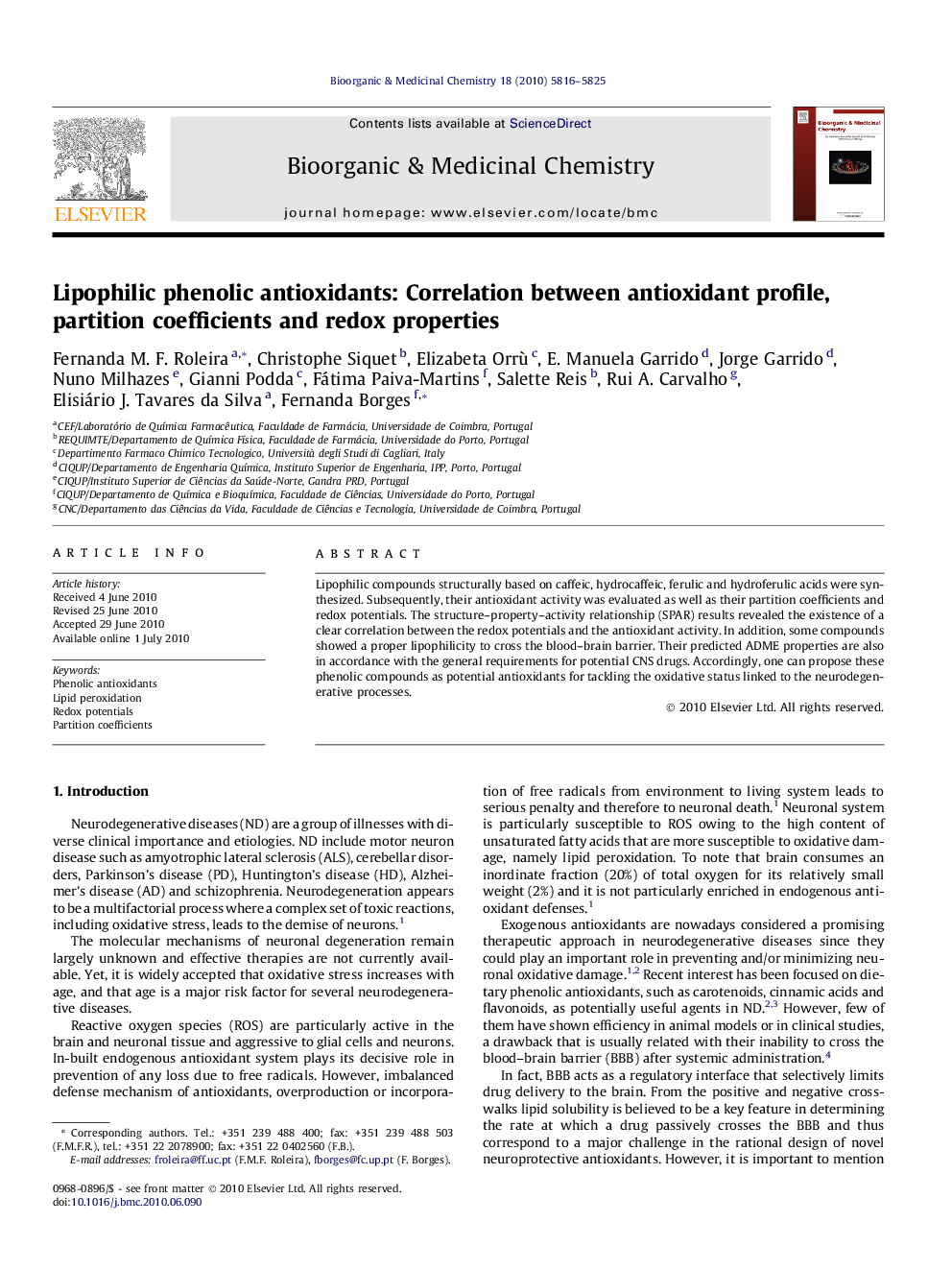 Lipophilic phenolic antioxidants: Correlation between antioxidant profile, partition coefficients and redox properties