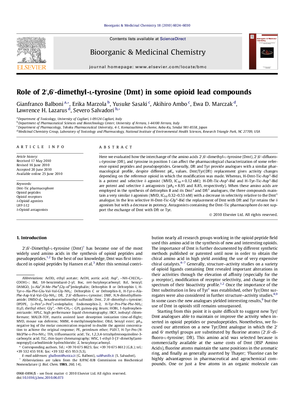 Role of 2′,6′-dimethyl-l-tyrosine (Dmt) in some opioid lead compounds