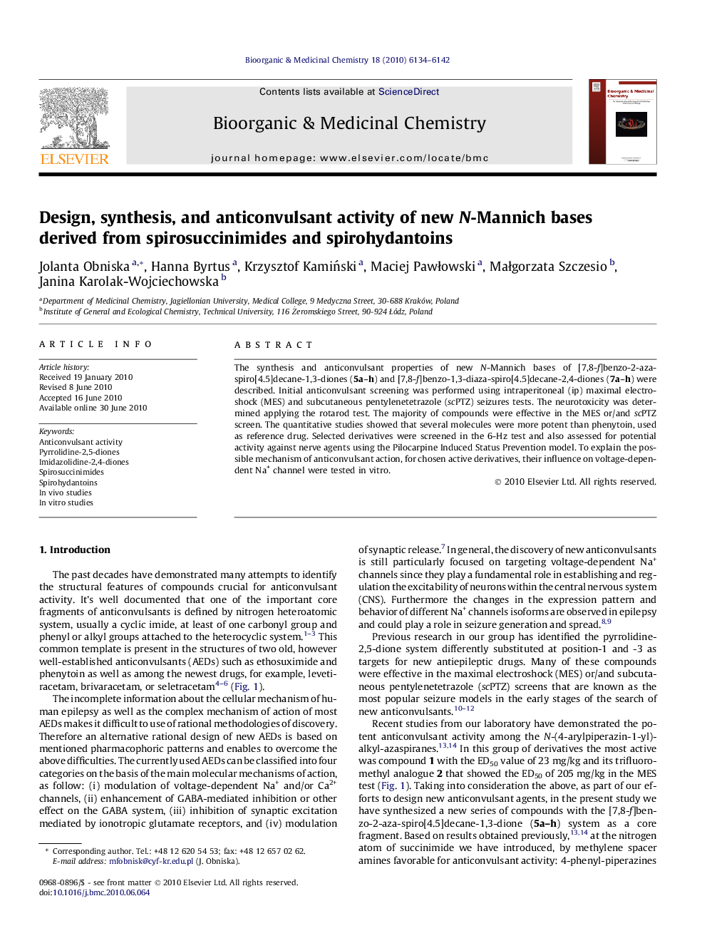 Design, synthesis, and anticonvulsant activity of new N-Mannich bases derived from spirosuccinimides and spirohydantoins