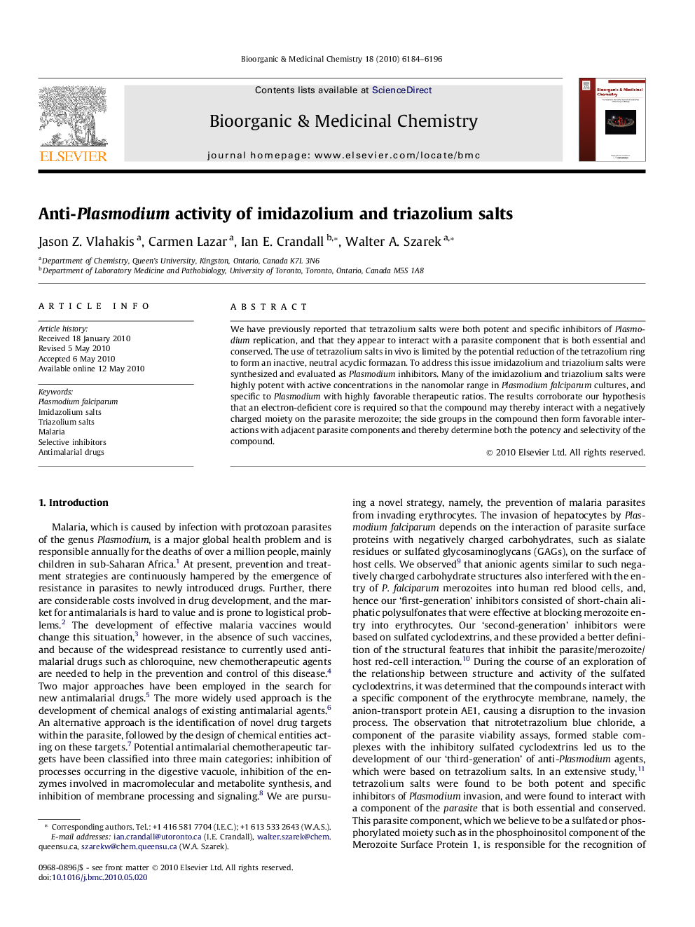 عکس صفحه اول مقاله: Anti-Plasmodium activity of imidazolium and triazolium salts Anti-Plasmodium activity of imidazolium and triazolium salts