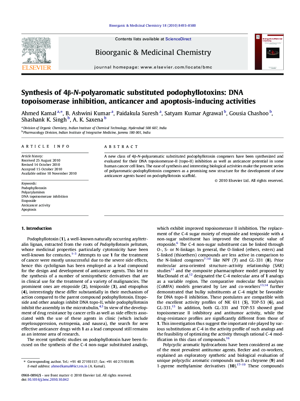 Synthesis of 4β-N-polyaromatic substituted podophyllotoxins: DNA topoisomerase inhibition, anticancer and apoptosis-inducing activities