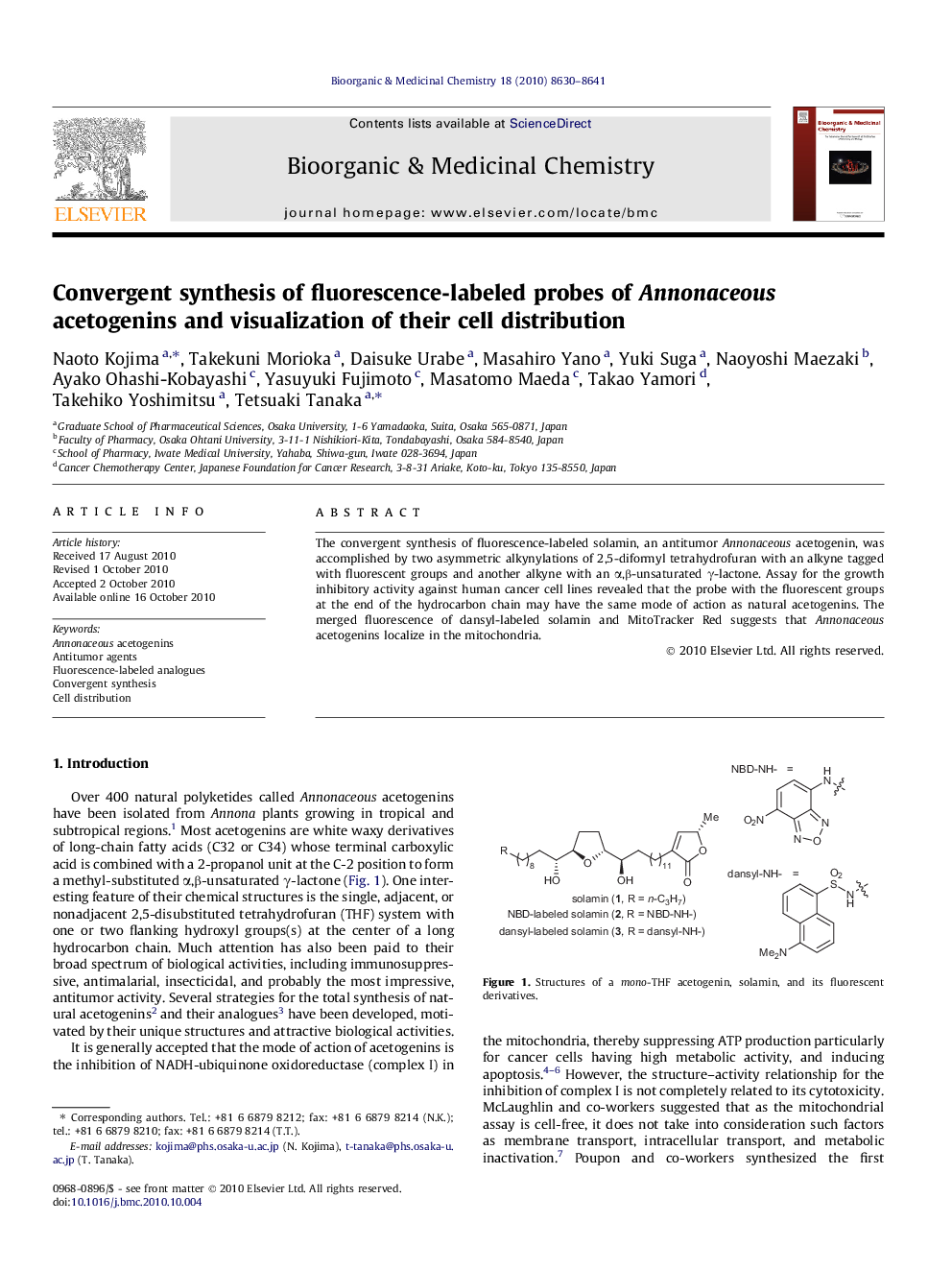 Convergent synthesis of fluorescence-labeled probes of Annonaceous acetogenins and visualization of their cell distribution