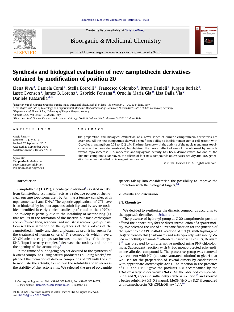 Synthesis and biological evaluation of new camptothecin derivatives obtained by modification of position 20