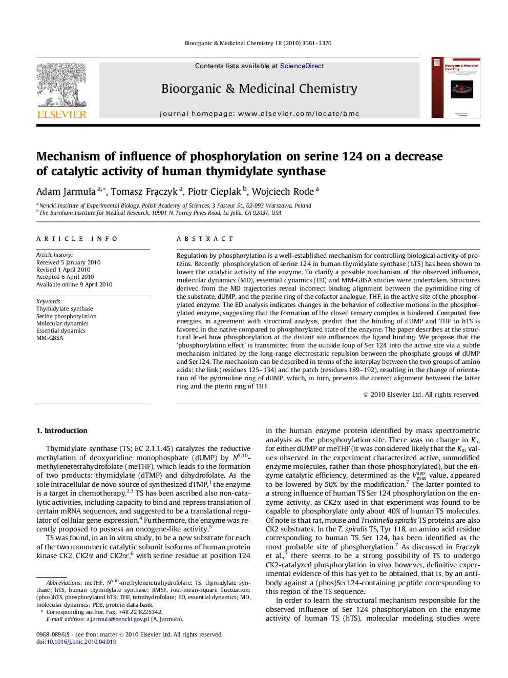 Mechanism of influence of phosphorylation on serine 124 on a decrease of catalytic activity of human thymidylate synthase