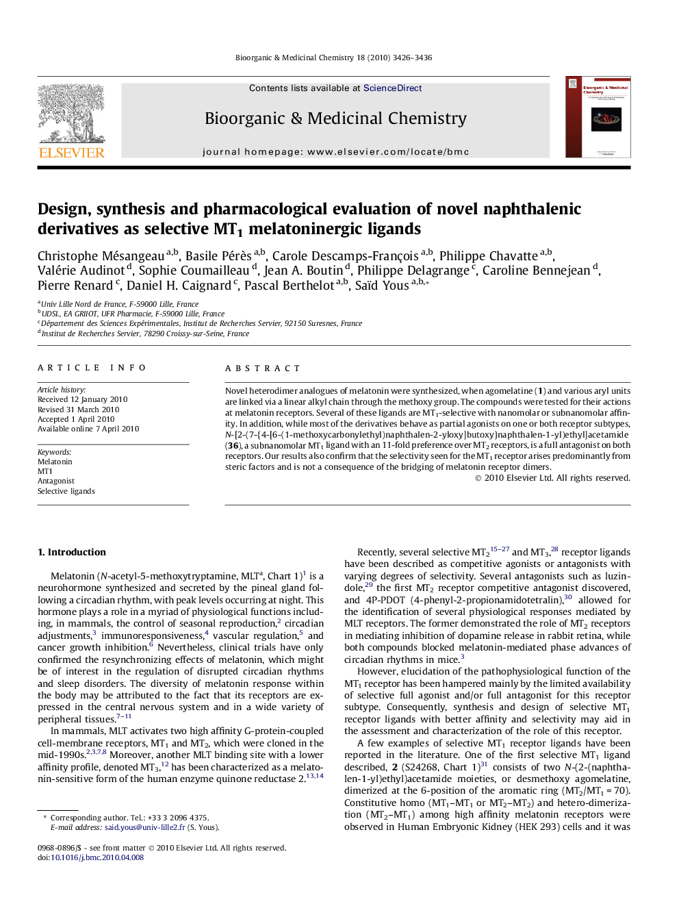 Design, synthesis and pharmacological evaluation of novel naphthalenic derivatives as selective MT1 melatoninergic ligands