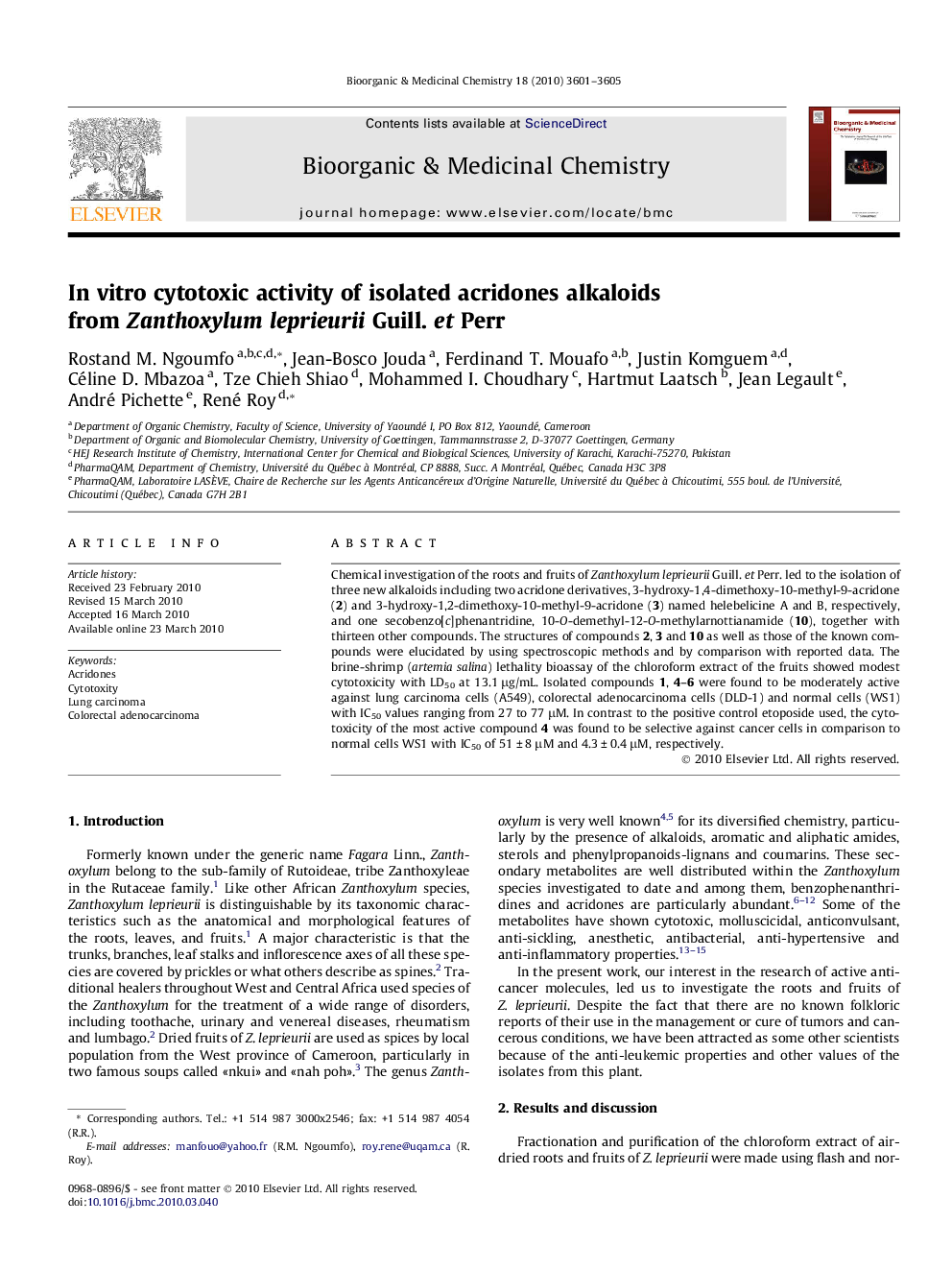 In vitro cytotoxic activity of isolated acridones alkaloids from Zanthoxylum leprieurii Guill. et Perr