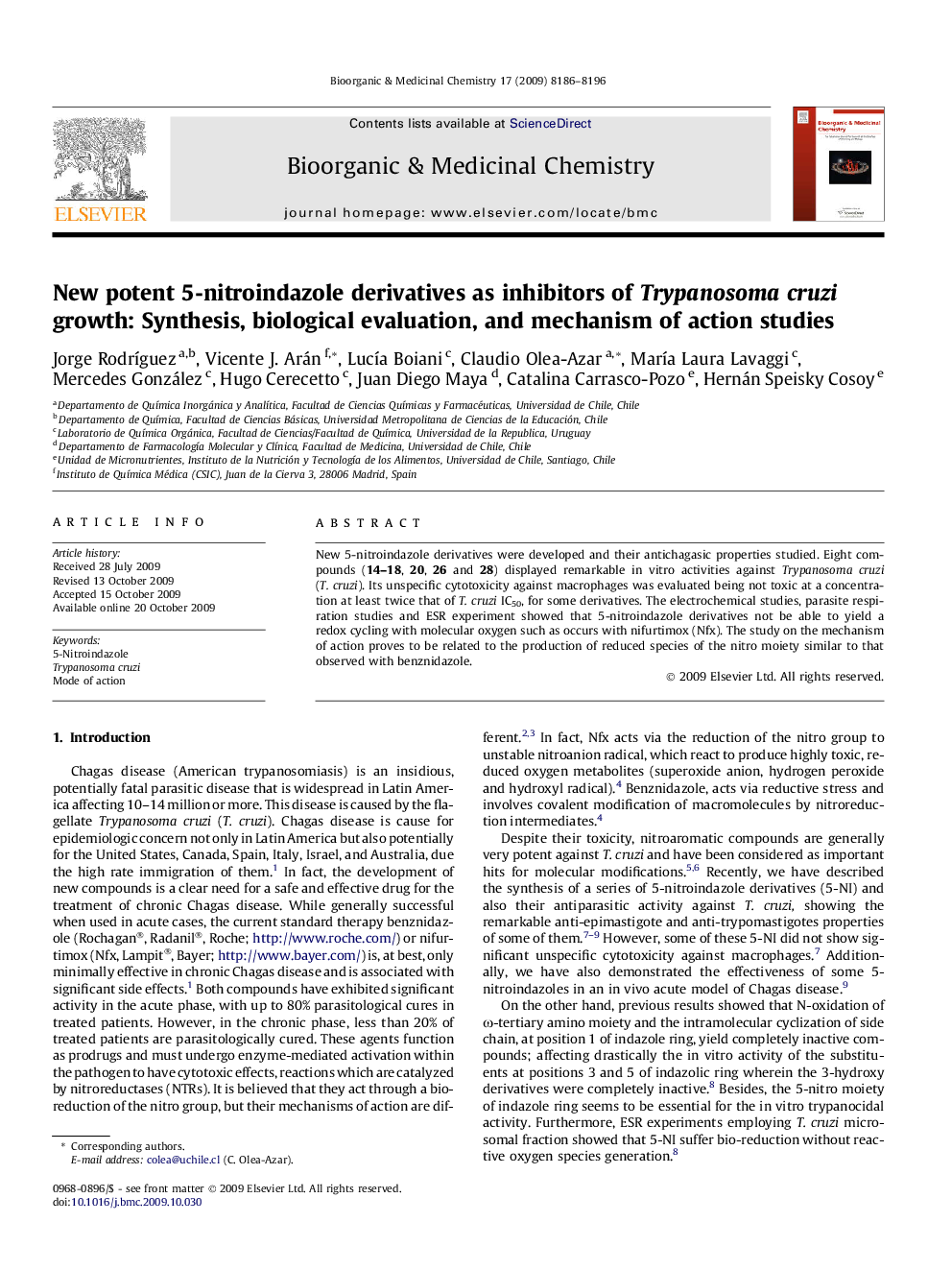 New potent 5-nitroindazole derivatives as inhibitors of Trypanosoma cruzi growth: Synthesis, biological evaluation, and mechanism of action studies