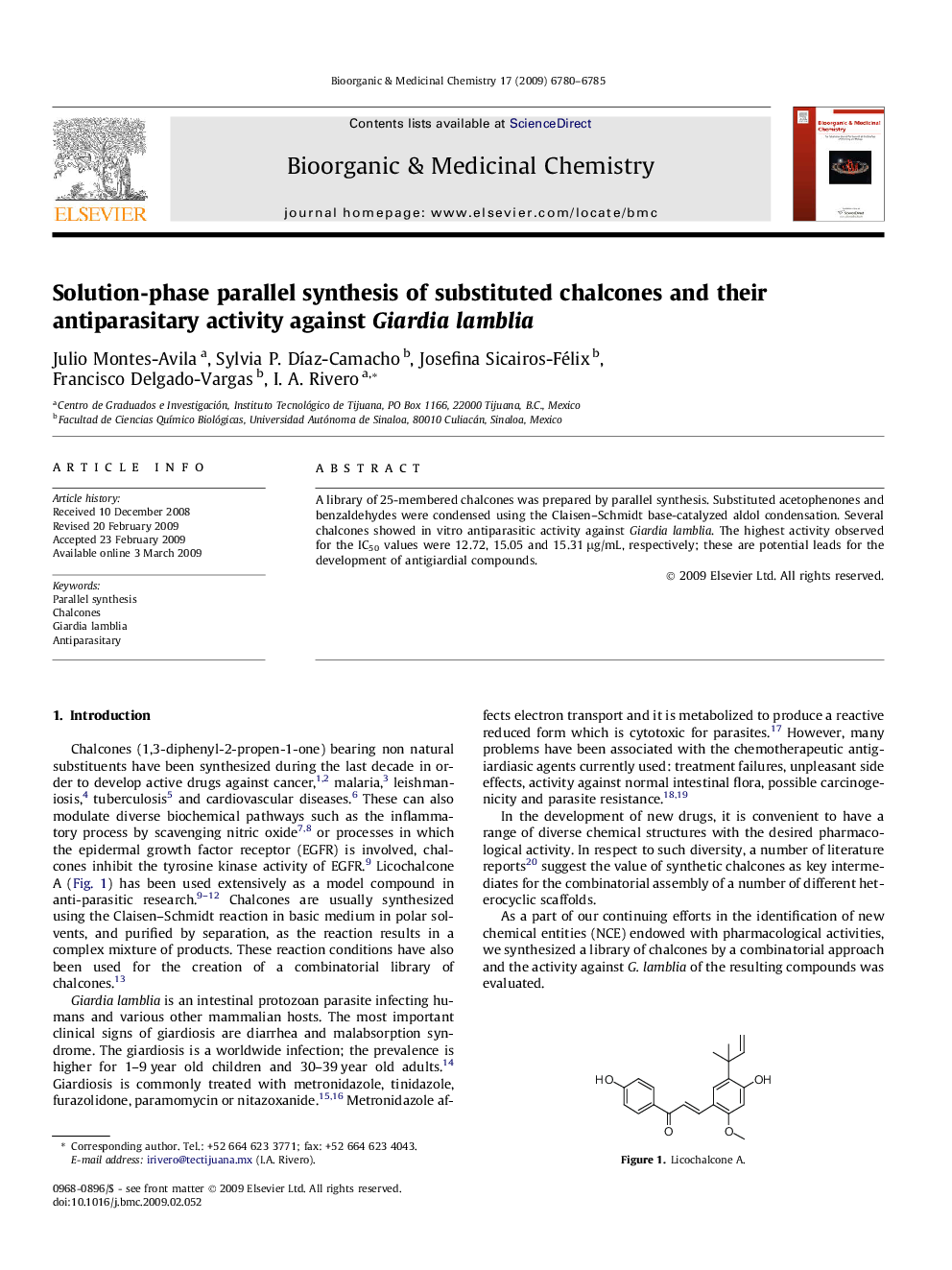 Solution-phase parallel synthesis of substituted chalcones and their antiparasitary activity against Giardia lamblia