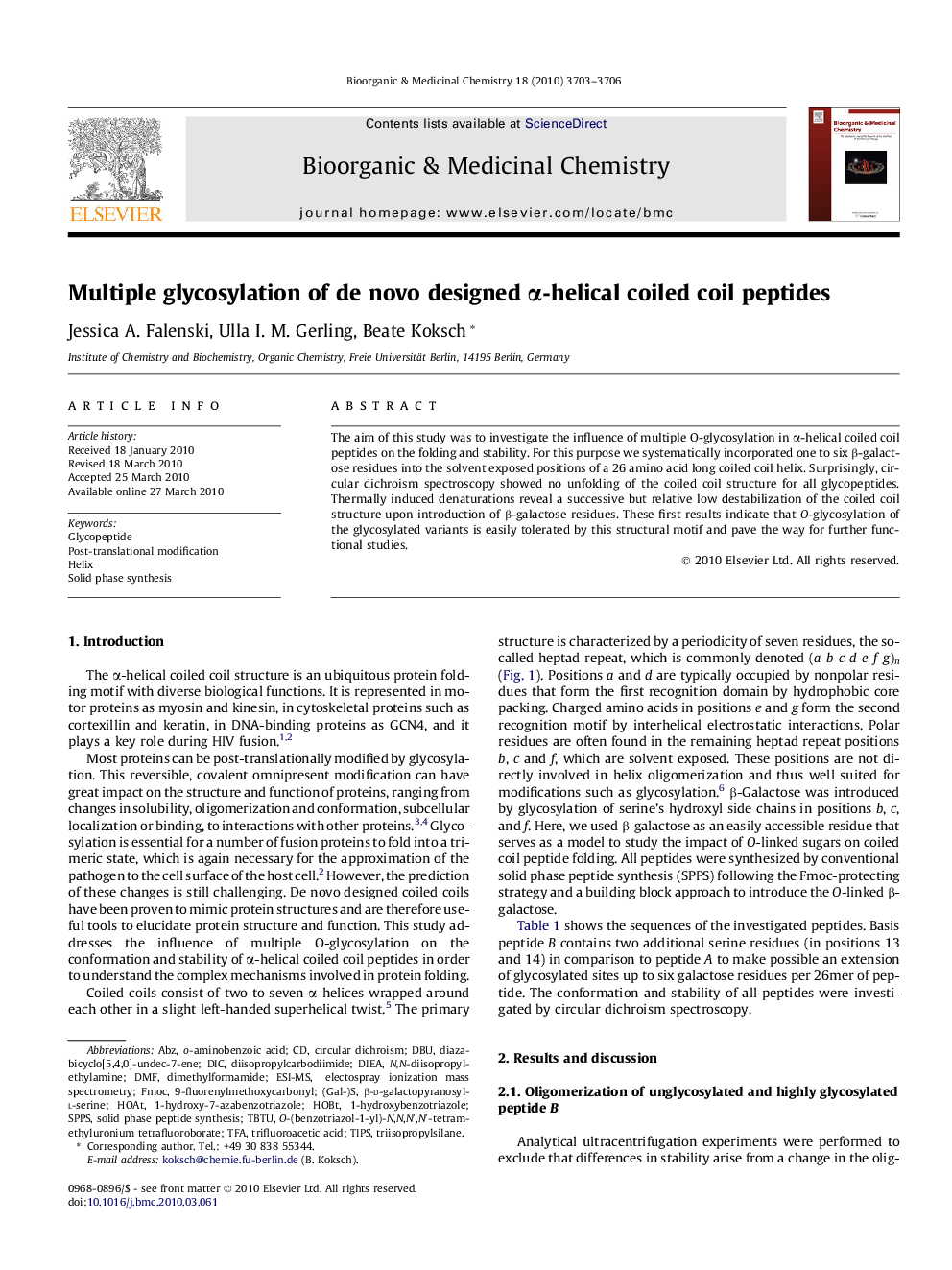 Multiple glycosylation of de novo designed α-helical coiled coil peptides