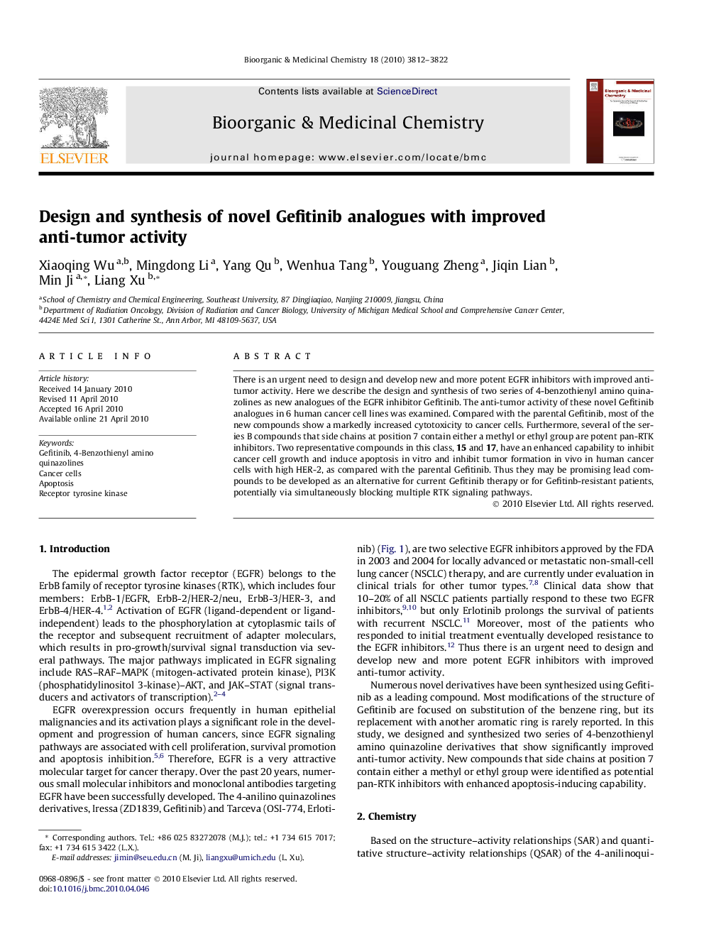 عکس صفحه اول مقاله: Design and synthesis of novel Gefitinib analogues with improved anti-tumor activity Design and synthesis of novel Gefitinib analogues with improved anti-tumor activity