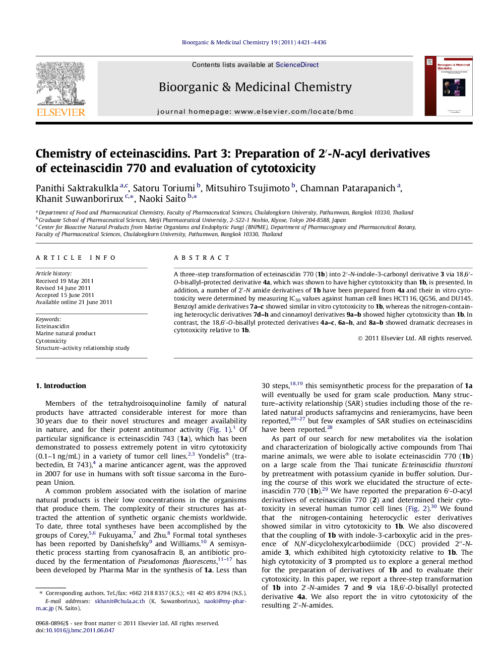 عکس صفحه اول مقاله: Chemistry of ecteinascidins. Part 3: Preparation of 2′-N-acyl derivatives of ecteinascidin 770 and evaluation of cytotoxicity Chemistry of ecteinascidins. Part 3: Preparation of 2′-N-acyl derivatives of ecteinascidin 770 and evaluation of cytotoxicity
