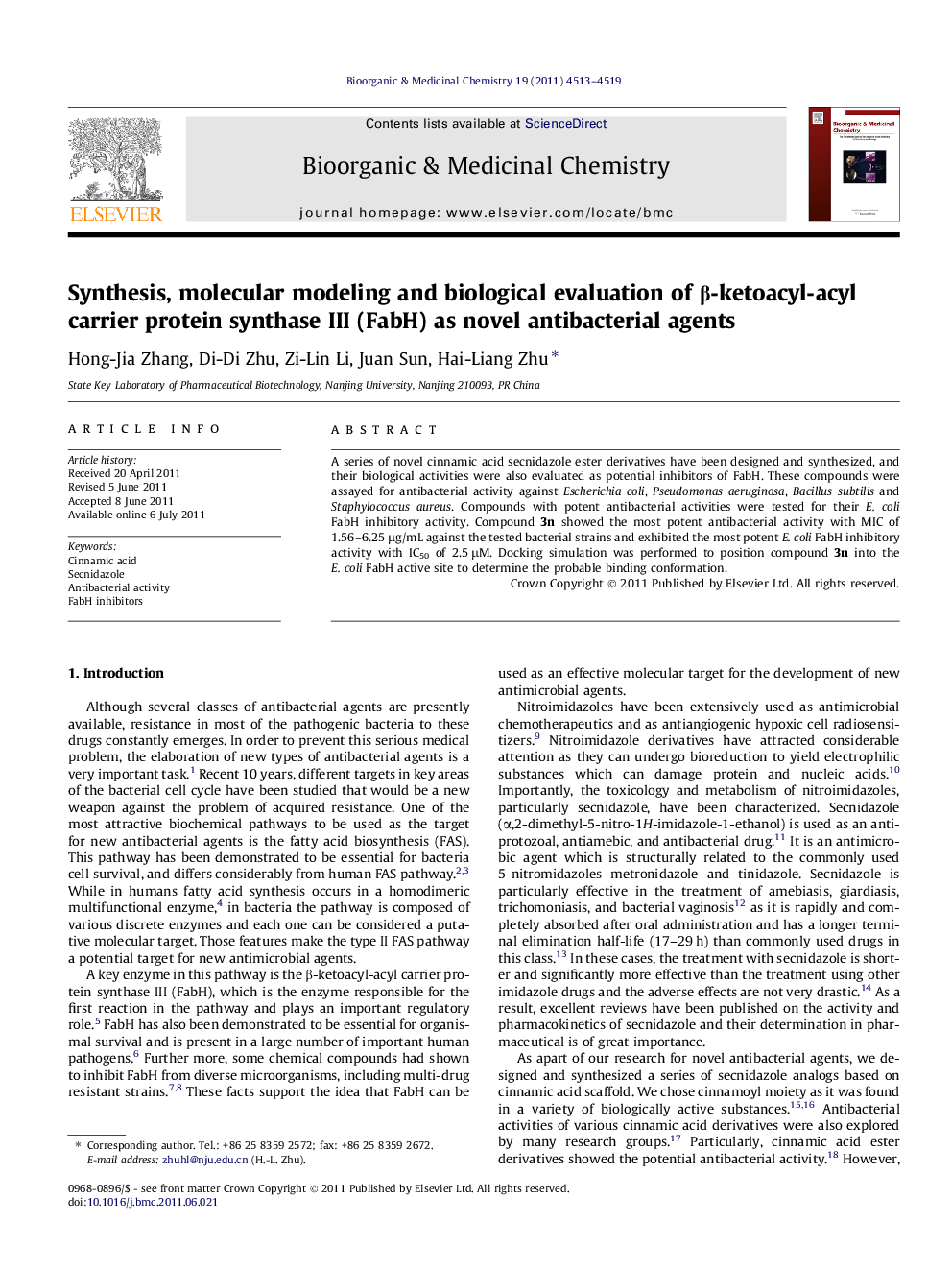 Synthesis, molecular modeling and biological evaluation of β-ketoacyl-acyl carrier protein synthase III (FabH) as novel antibacterial agents