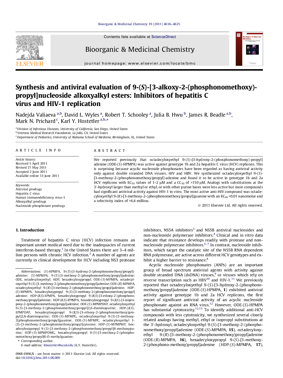 Synthesis and antiviral evaluation of 9-(S)-[3-alkoxy-2-(phosphonomethoxy)propyl]nucleoside alkoxyalkyl esters: Inhibitors of hepatitis C virus and HIV-1 replication