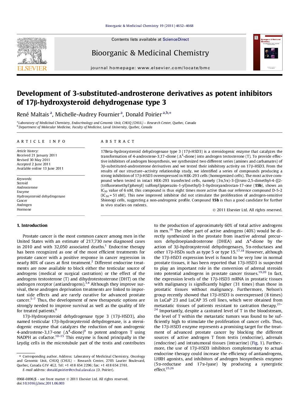 Development of 3-substituted-androsterone derivatives as potent inhibitors of 17β-hydroxysteroid dehydrogenase type 3