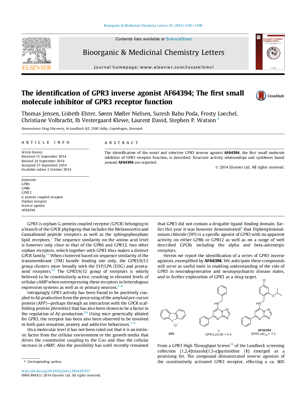 The identification of GPR3 inverse agonist AF64394; The first small molecule inhibitor of GPR3 receptor function