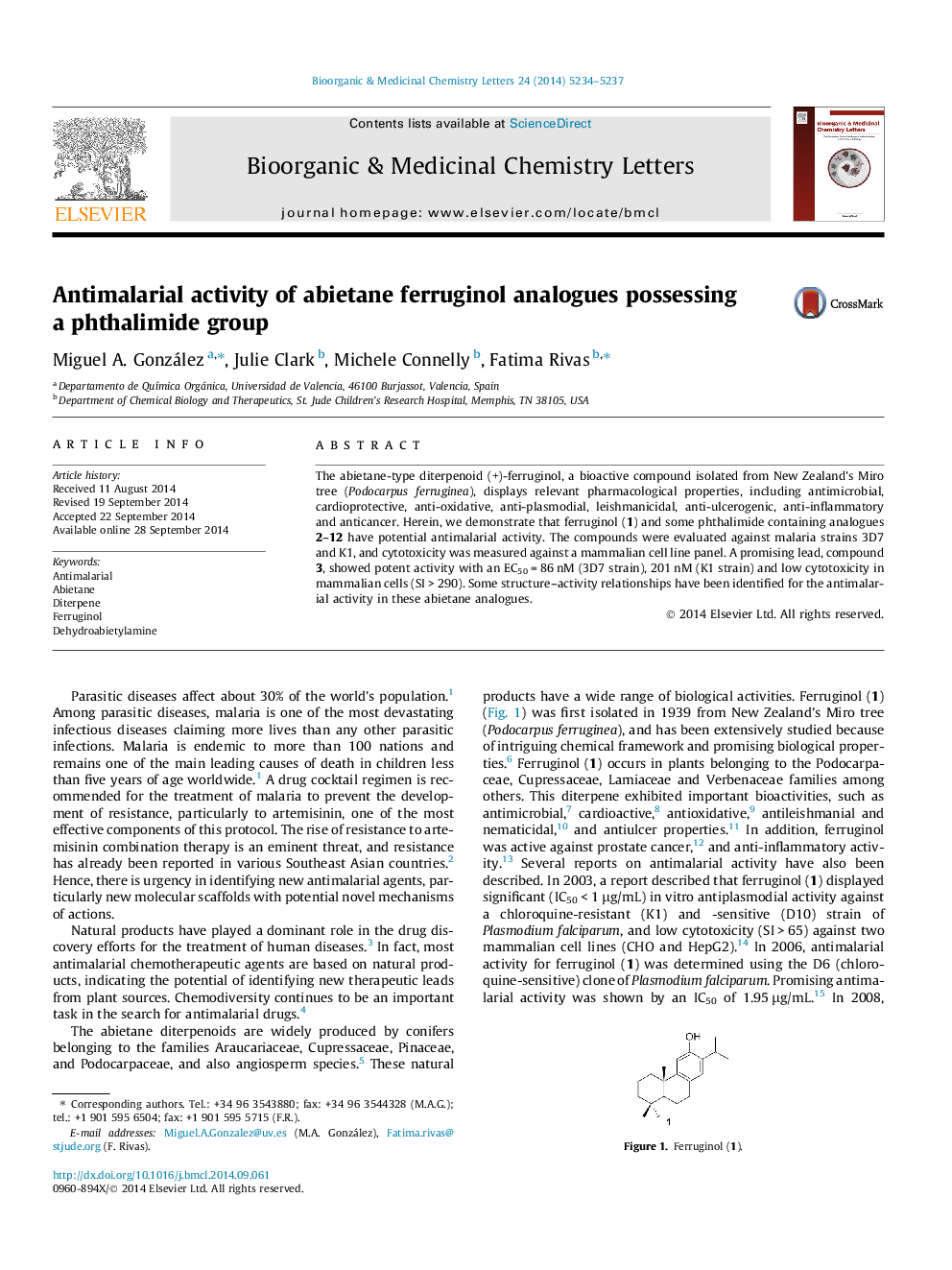 Antimalarial activity of abietane ferruginol analogues possessing a phthalimide group